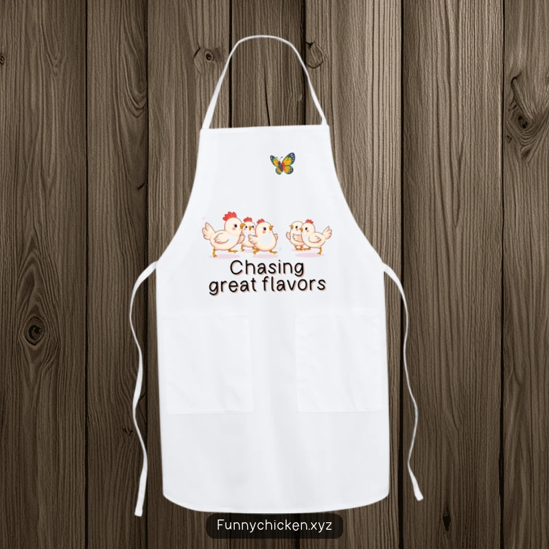 Funny Kawaii chicken apron, showing chickens playfully chasing a fluttering butterfly, a whimsical kitchen accessory.