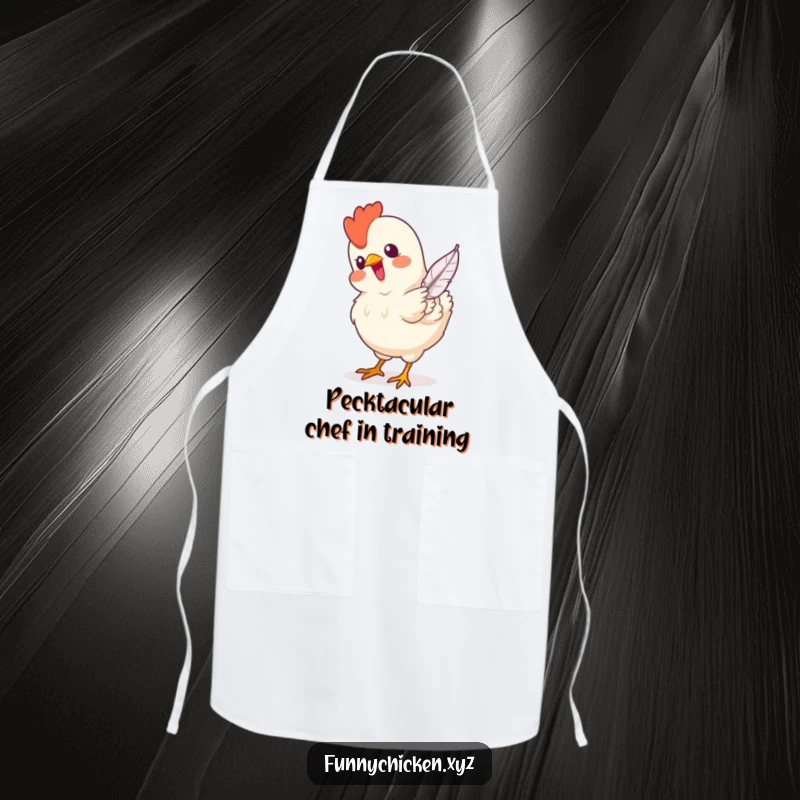 Funny apron showing a chicken intently pecking at a falling feather, perfect for adding humor to cooking and baking sessions.