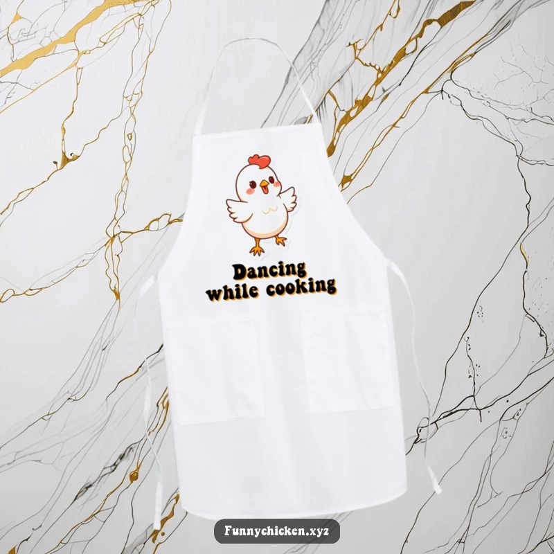Funny stylized chicken character apron, doing a little bouncy dance, for humorous and energetic kitchen activities.
