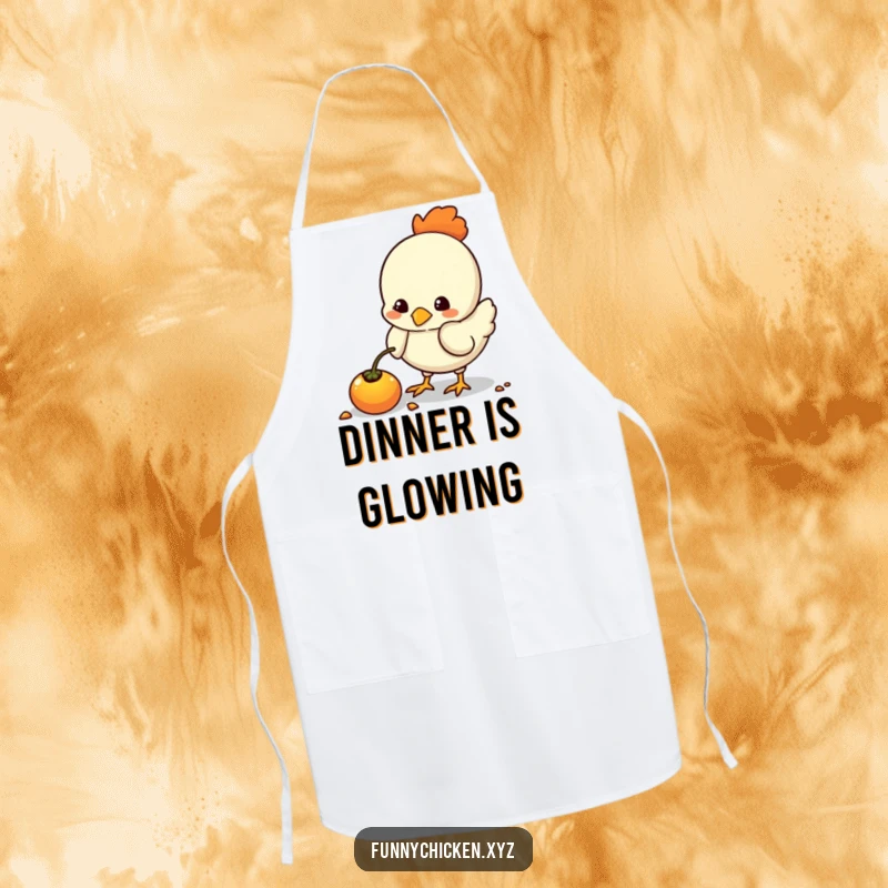 Funny kawaii chicken apron, pecking at a glowing seed, a humorous and practical accessory for the aspiring chef.