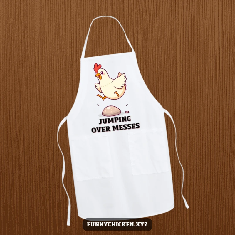 Funny Kawaii chicken apron, showing a chicken excitedly leaping over a small, shiny pebble, a whimsical kitchen accessory.
