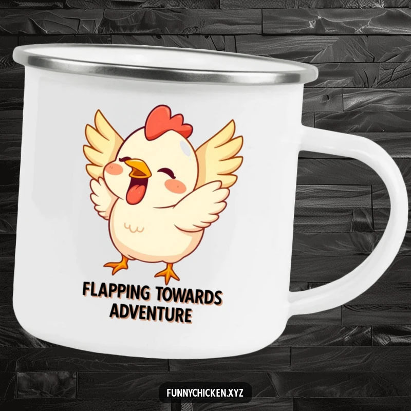 Funny camping mug with a cute chicken, wide grin, and wings flapping excitedly, perfect for campfire merriment.