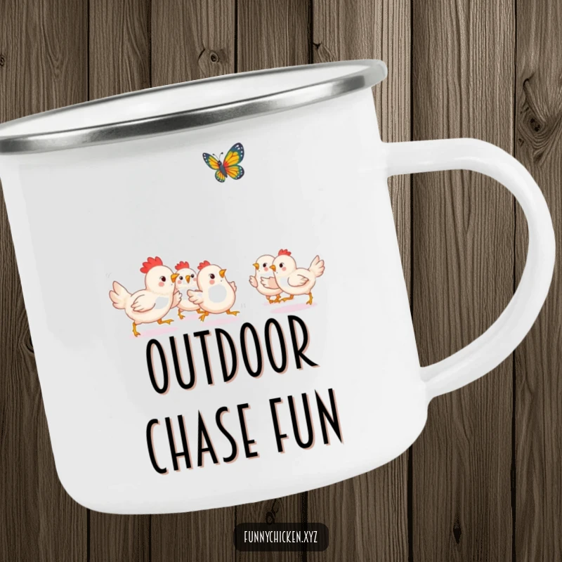 Funny Kawaii chicken camping mug, showing chickens playfully chasing a fluttering butterfly, a cheerful outdoor scene.