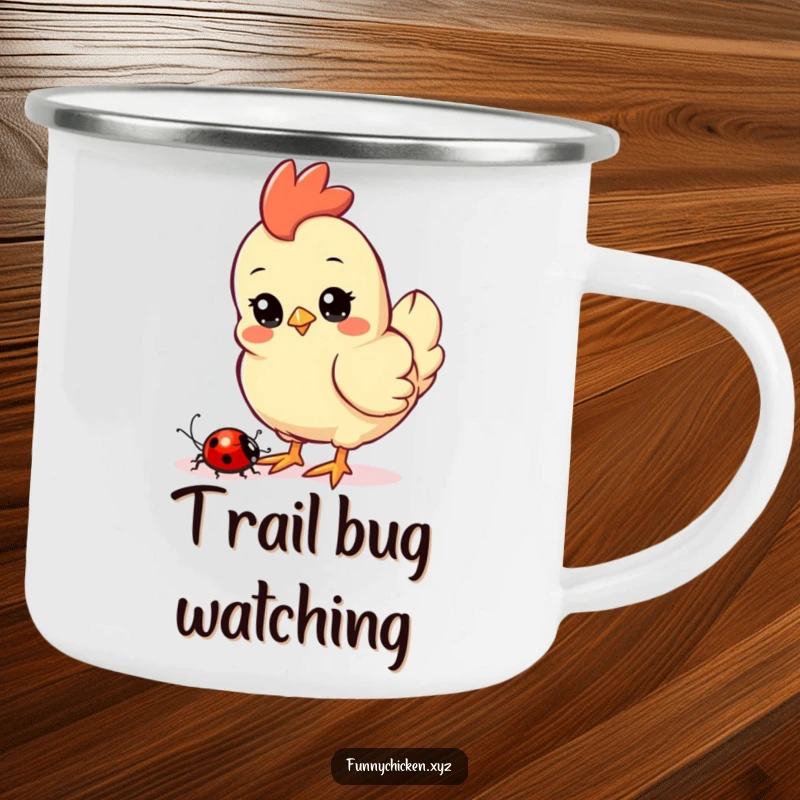 Funny Kawaii chicken camping mug, showing a curious chicken watching a ladybug crawl nearby, a peaceful outdoor scene.