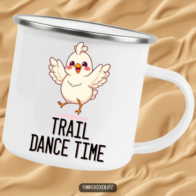 Funny kawaii chicken camping mug, doing a joyful jig with spread wings, durable and humorous for happy outdoor trips.