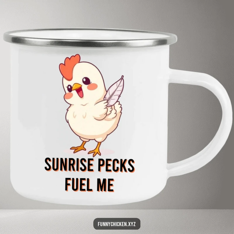 Funny camping mug featuring a happy chicken pecking at a falling feather, bringing humor to outdoor drinks.