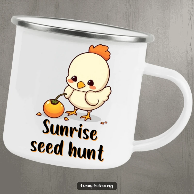 Funny kawaii chicken camping mug, pecking at a glowing seed, durable and humorous for outdoor adventures.