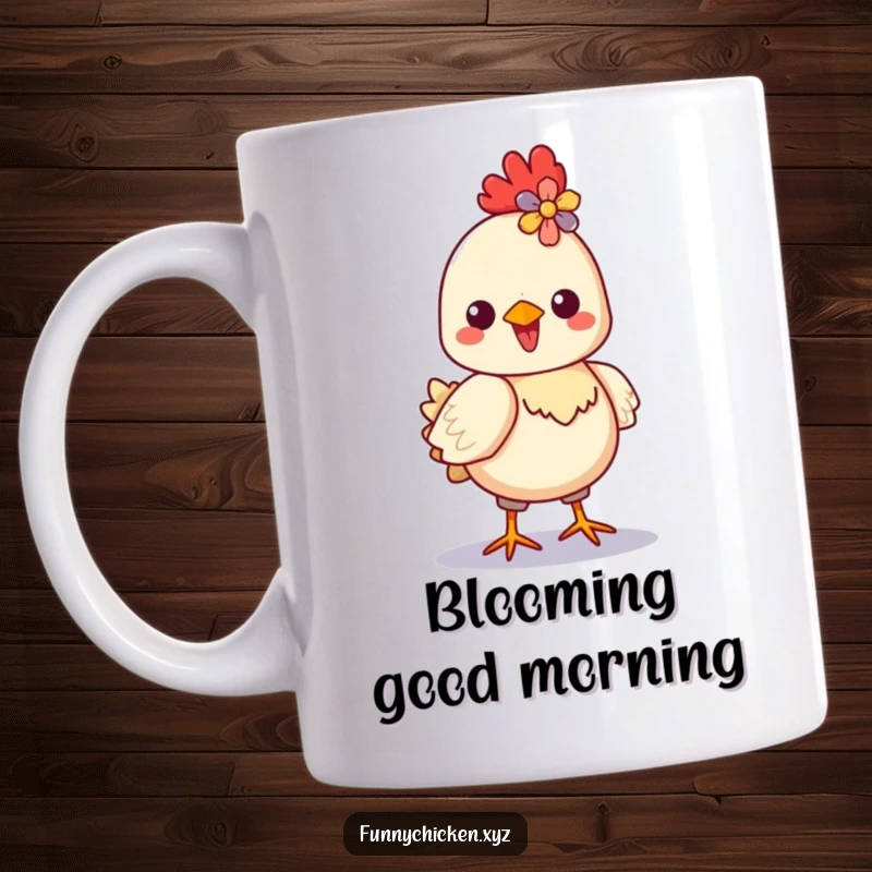 Funny Kawaii chicken mug, strutting proudly with a colorful flower stylishly placed in its crest, radiating delight.