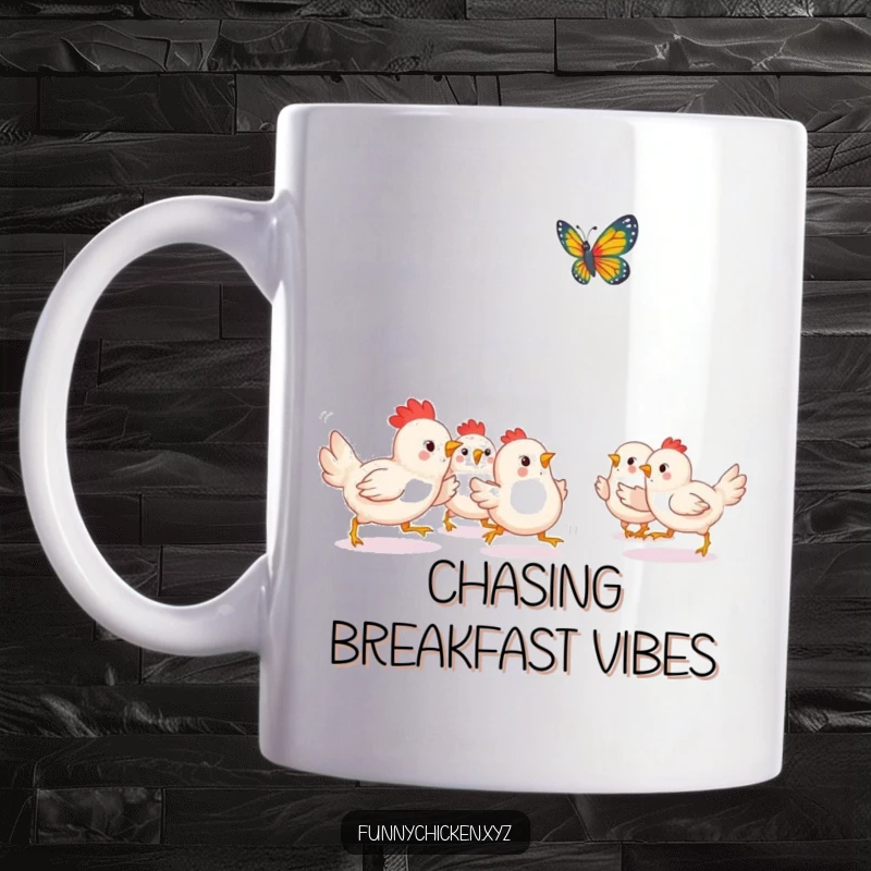 Funny Kawaii chickens mug, a small group playfully chasing a fluttering butterfly with joyful, energetic movements.