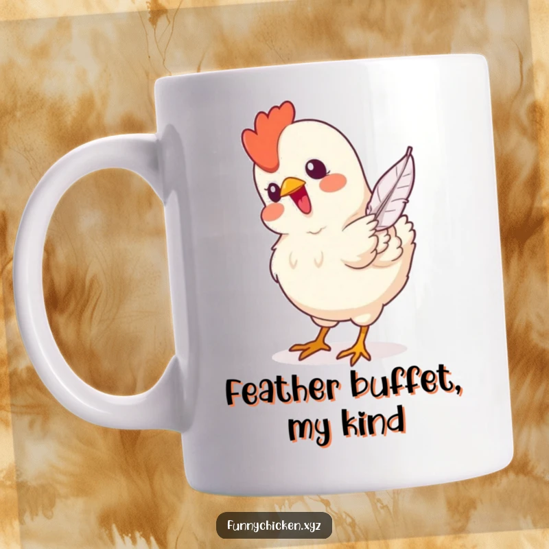 Funny mug featuring a joyful chicken engrossed in pecking a single, falling feather with pure delight.