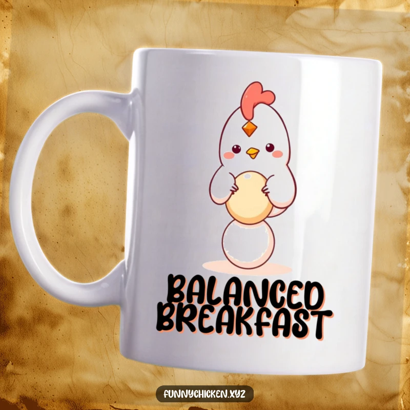 Funny kawaii chicken mug, happily balancing a small, round egg, showing calm focus and delicate charm.