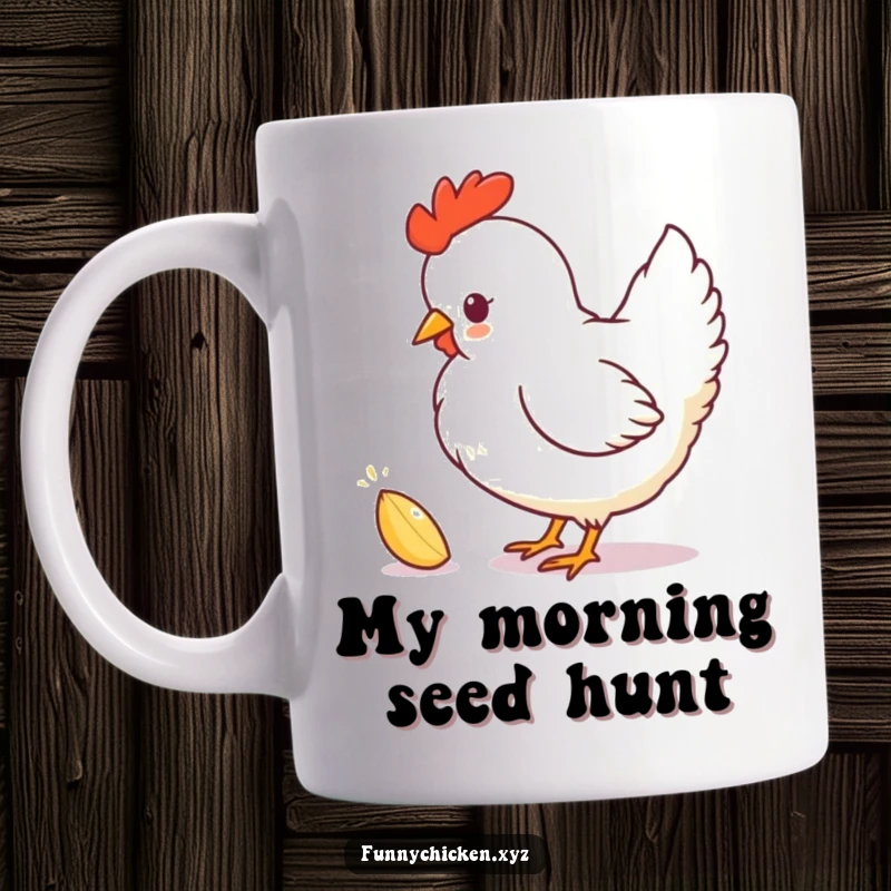 Funny chicken silhouette pecking at a sparkling seed, depicted on a ceramic mug, ideal for a humorous gift.