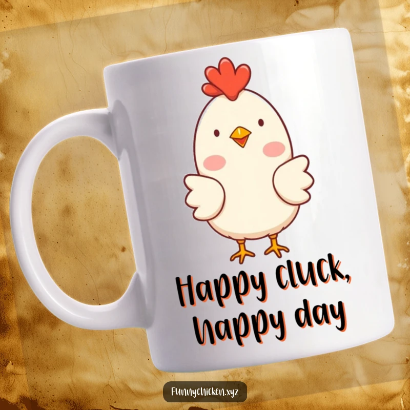 Funny simple chicken mug with rosy cheeks, clucking happily, conveying pure joy and humor.