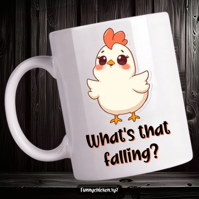Funny mug featuring a chicken with comically wide eyes and an open beak, looking straight upwards in utter surprise.