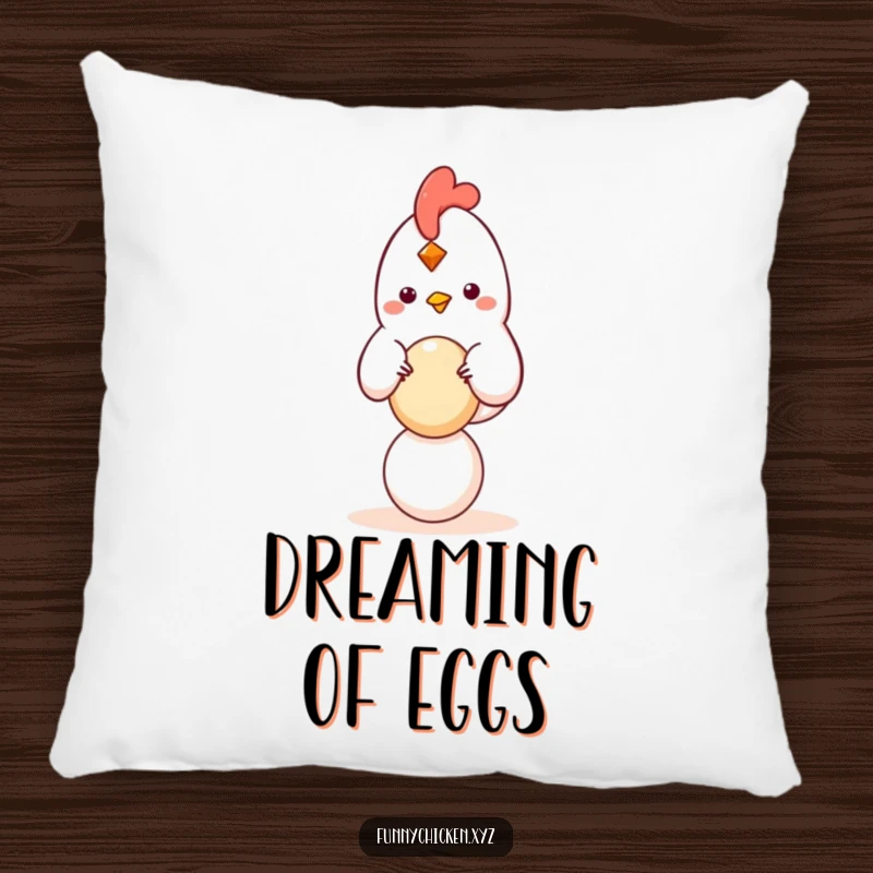 Funny kawaii chicken pillow balancing a small, round egg, soft and cute decor with a humorous, serene appeal.