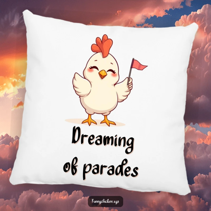 Funny pillow featuring a winking chicken waving a small, colorful flag, adding cheerful and playful comfort.