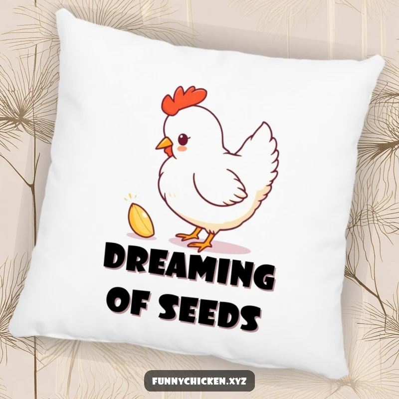 Funny chicken silhouette pillow, playfully pecking at a sparkling seed, adding cozy humor to any seating area.