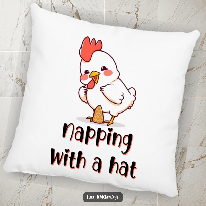 Funny pillow featuring a chicken hilariously attempting to balance a small cone on its head, adding playful comfort.