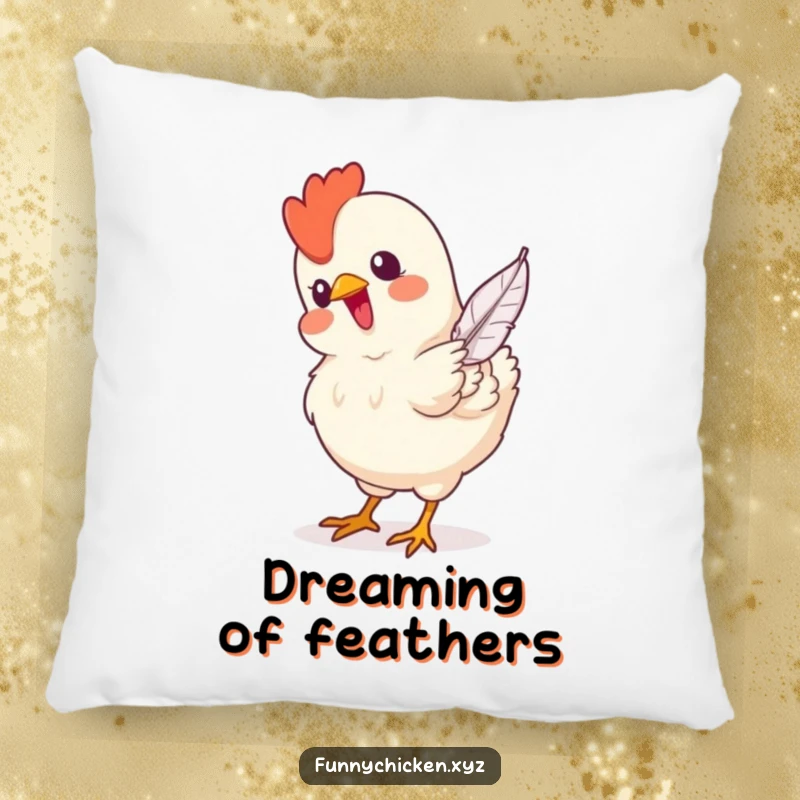 Funny pillow featuring a content chicken happily pecking at a single, drifting feather, adding a touch of playful comfort.
