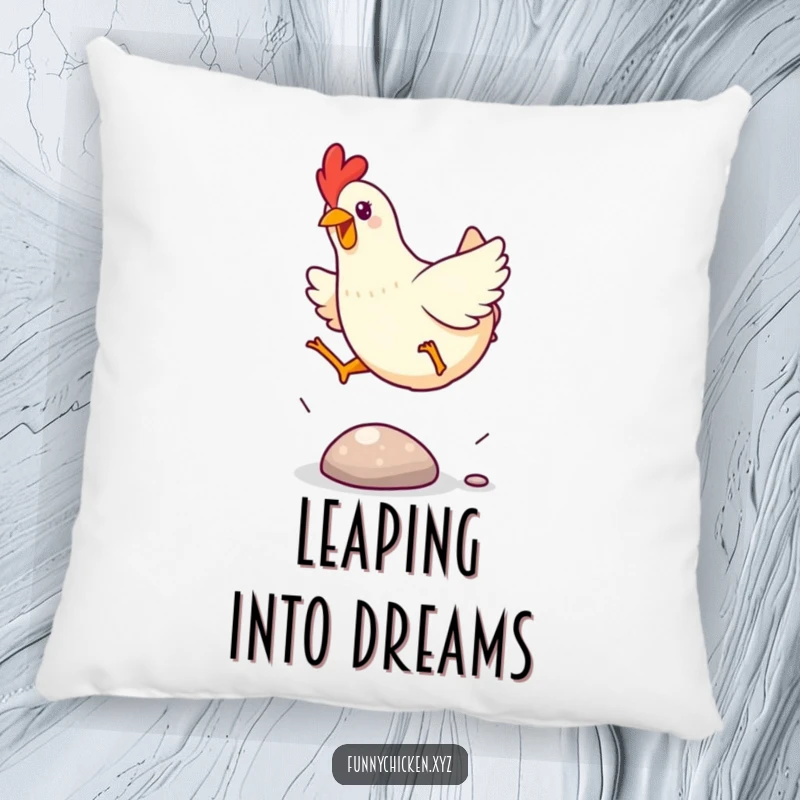 Funny Kawaii chicken pillow, depicting a chicken excitedly leaping over a small, shiny pebble, a charming and lively image.