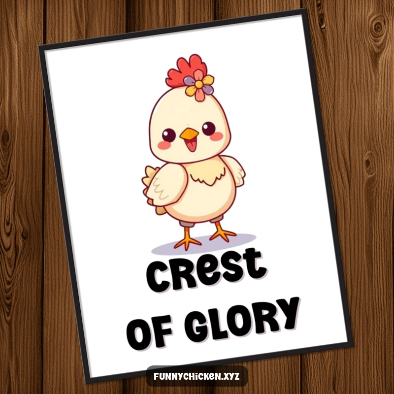 Funny Kawaii chicken digital art print of a proud chicken strutting with a colorful flower in its crest, radiating charm.