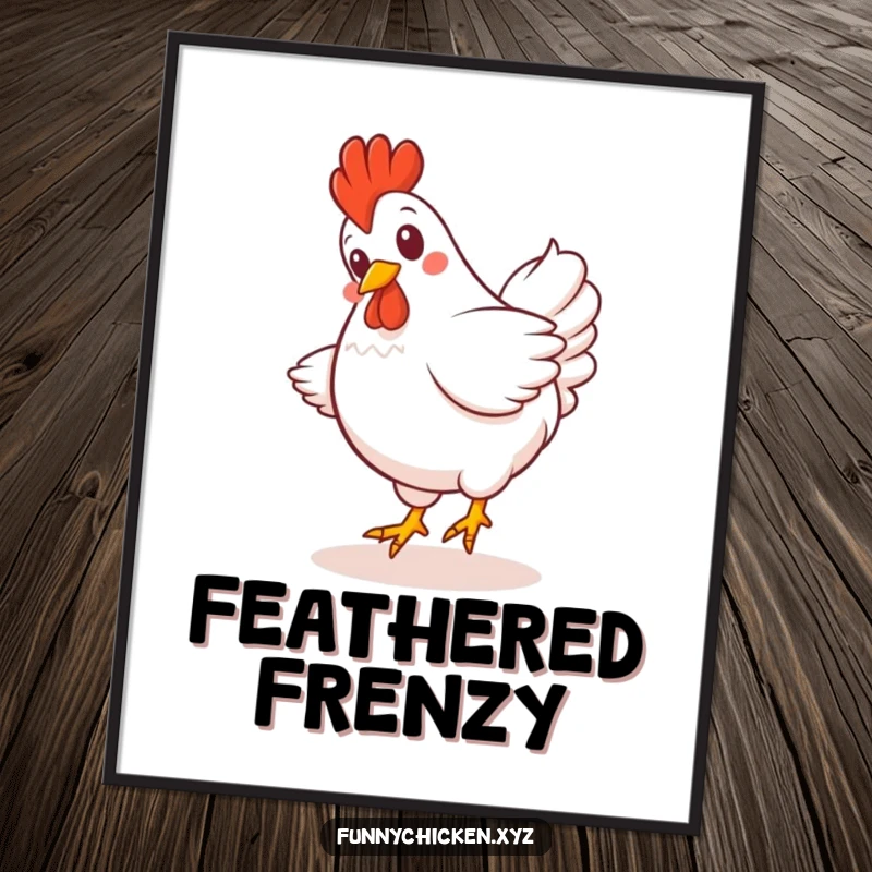 Funny Kawaii chicken digital art print, showing a giggling chicken spinning with fanned tail feathers, a charming animated character.