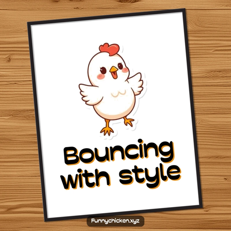 Funny stylized chicken shape digital art print, doing a little bouncy dance, for instant humorous wall decoration.