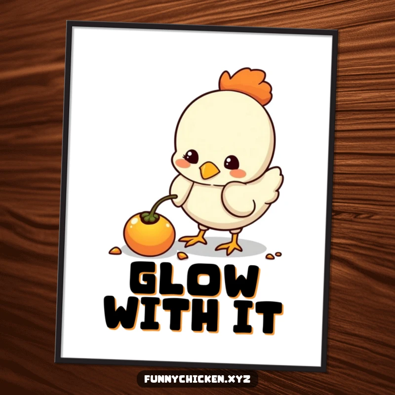 Funny kawaii chicken digital art print, pecking at a glowing seed, a whimsical and humorous artwork for instant download.
