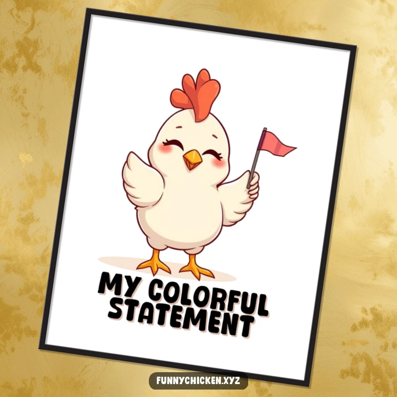 Funny digital art print of a chicken winking and waving a small, colorful flag, radiating a warm and playful greeting.
