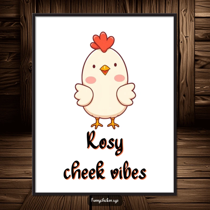 Funny simple chicken character digital art print with rosy cheeks, clucking happily, for instant cheerful humorous decor.