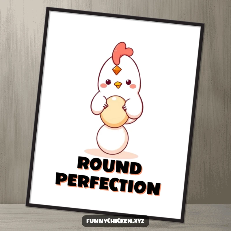 Funny kawaii chicken digital art print balancing a small, round egg, calm and humorous artwork for instant download.