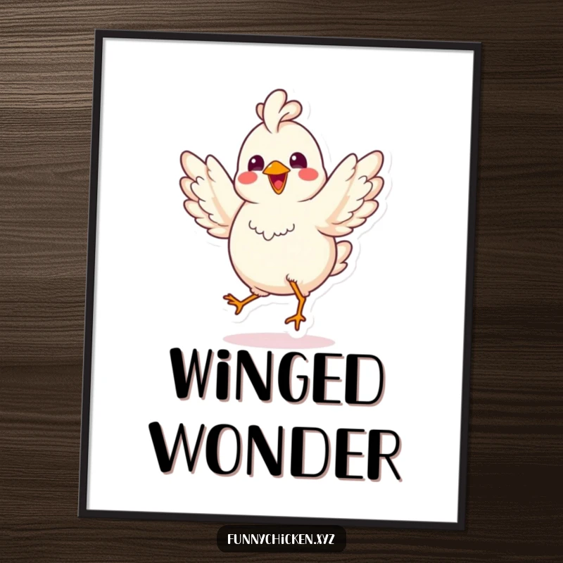 Funny kawaii chicken digital art print, doing a joyful jig with spread wings, a vibrant and humorous artwork for instant download.