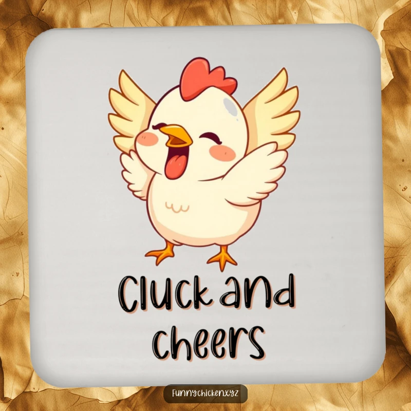 Funny drink coasters featuring a cute chicken with a wide grin and flapping wings, offering cheerful surface protection.