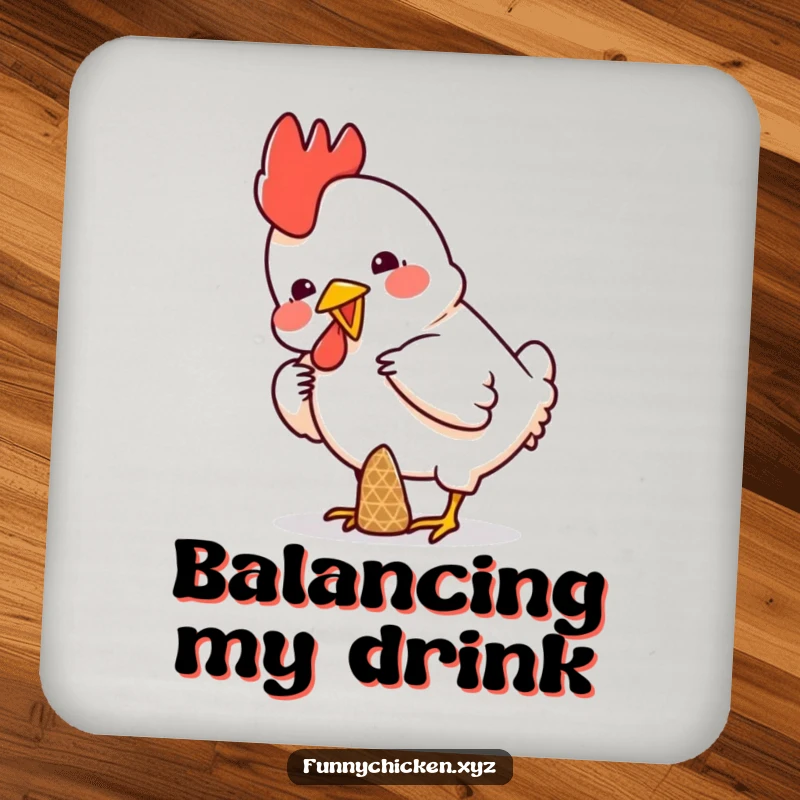 Funny drink coasters showcasing a chicken comically balancing a small cone on its head, adding humor to drink service.