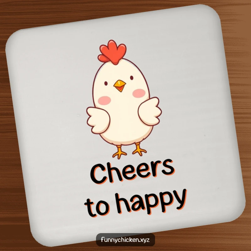 Funny simple chicken character drink coasters with rosy cheeks, clucking happily, providing cheerful humorous protection.