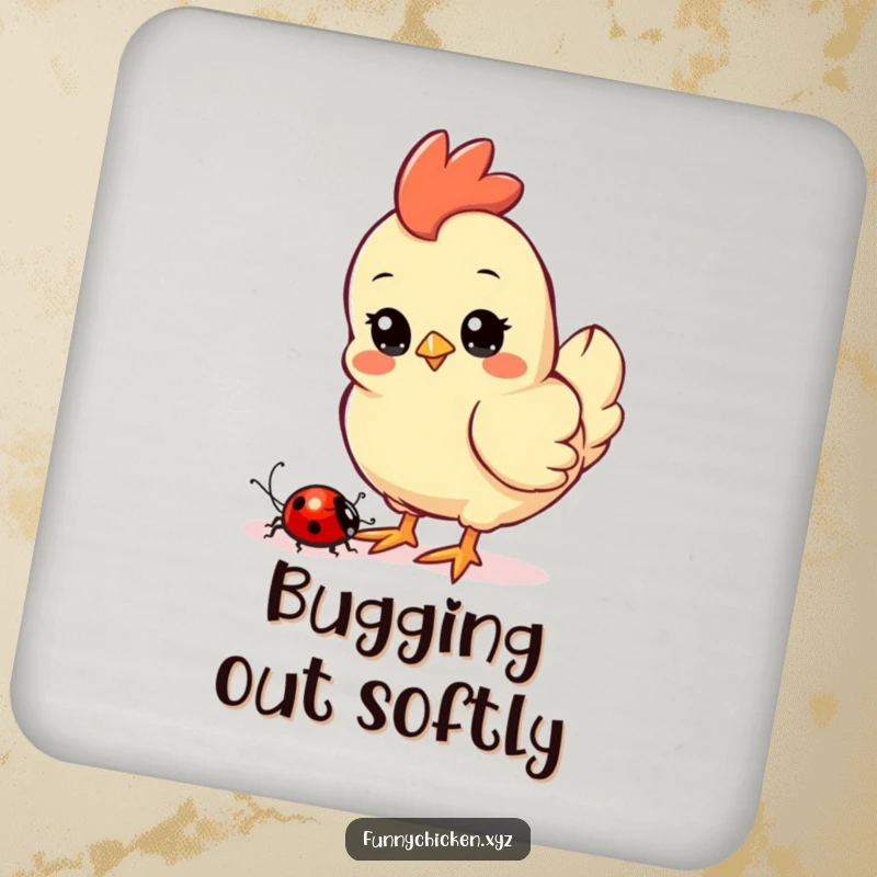 Funny Kawaii chicken coaster, depicting a curious chicken watching a ladybug crawl nearby, a delightful detail.