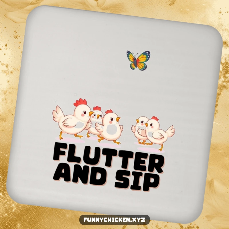 Funny Kawaii chicken coaster, depicting chickens playfully chasing a fluttering butterfly, a dynamic and charming detail.