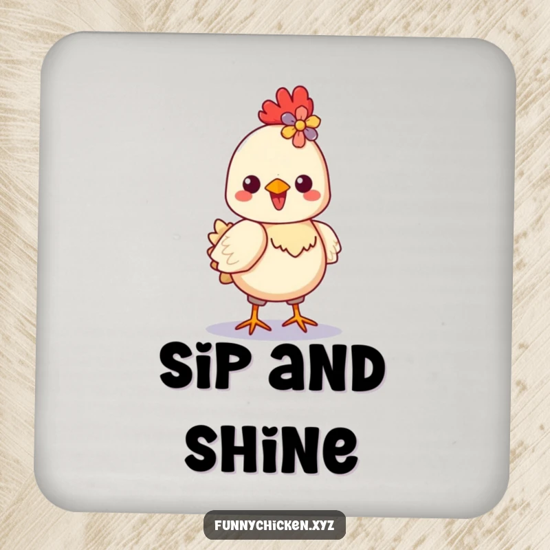 Funny Kawaii chicken coaster, depicting a proud chicken strutting with a colorful flower in its crest, a charming accent.