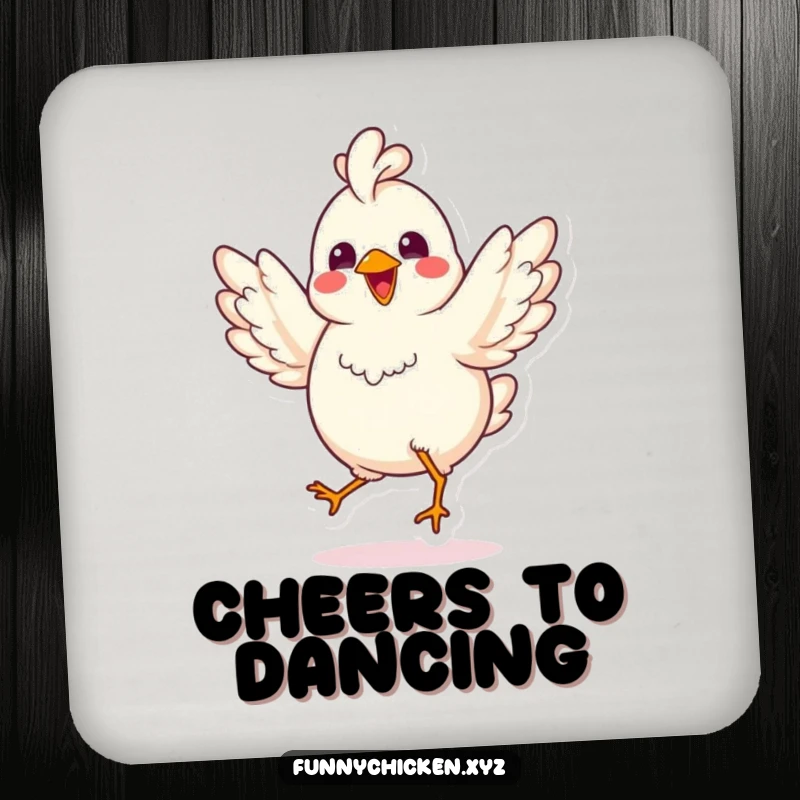 Funny kawaii chicken coaster, doing a joyful jig with spread wings, protecting surfaces with a humorous and energetic design.