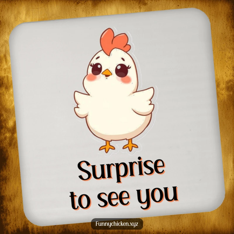 Funny drink coasters showcasing a chicken with wide, surprised eyes and an open beak, looking upwards in comical shock.