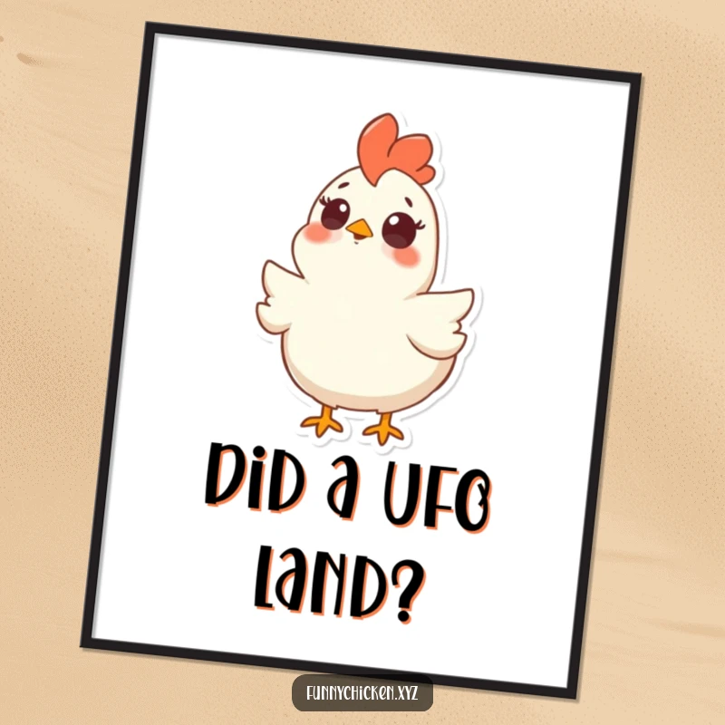 Funny poster art of a chicken with comically wide eyes and an open beak, looking straight upwards in a state of shock.