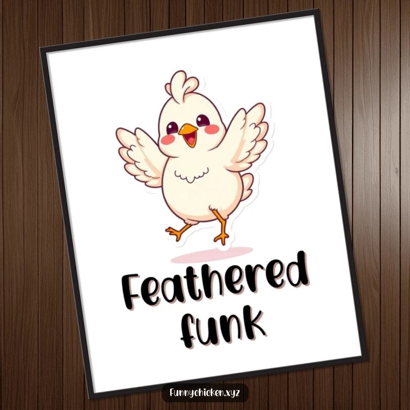 Funny kawaii chicken poster, doing a joyful jig with spread wings, vibrant and energetic wall art celebrating happiness.