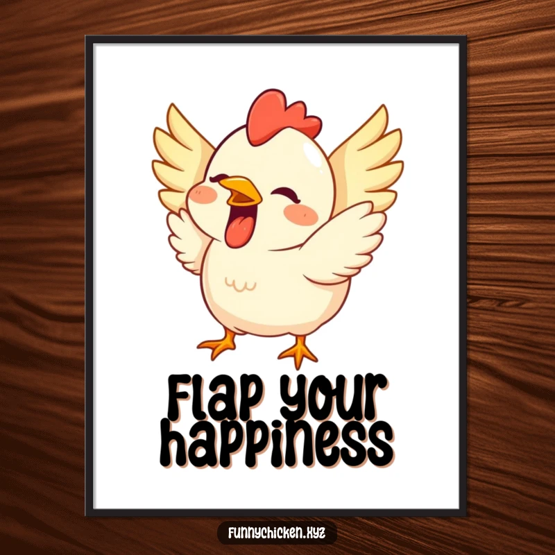 Funny poster of a cute chicken with a huge grin, wings flapping excitedly, radiating pure joy and fun.