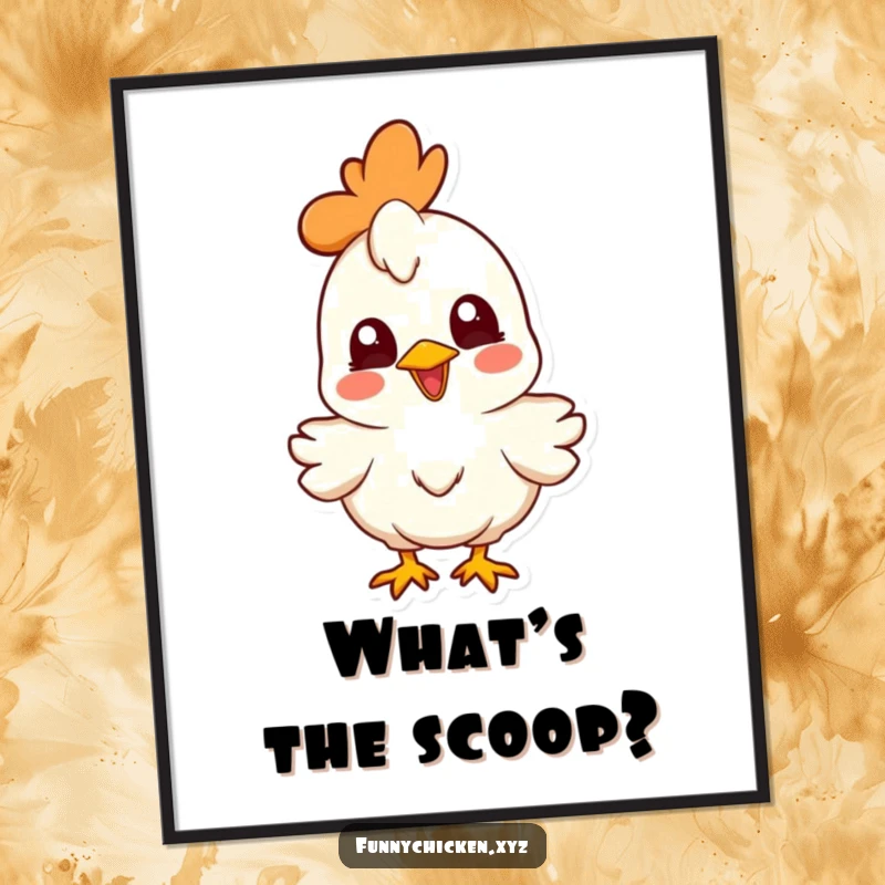 Funny joyful chicken character poster art, head cocked curiously, ideal for humorous wall decor with a playful touch.