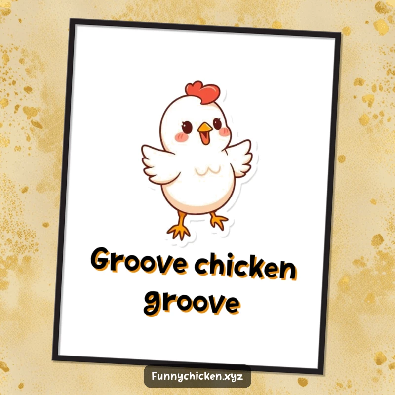 Funny stylized chicken shape poster art, depicted doing a little bouncy dance, ideal for whimsical humorous wall decor.