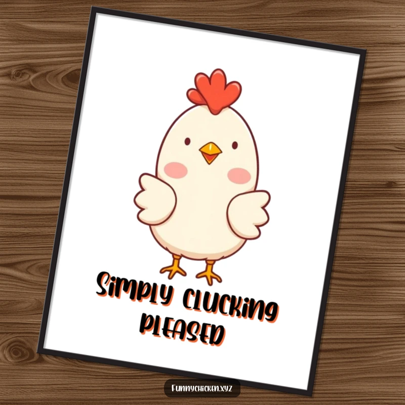 Funny simple chicken character poster art with rosy cheeks, clucking happily, ideal for cheerful humorous wall decor.