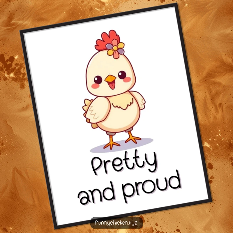 Funny Kawaii chicken poster of a delighted chicken strutting proudly, a colorful flower blooming in its crest.