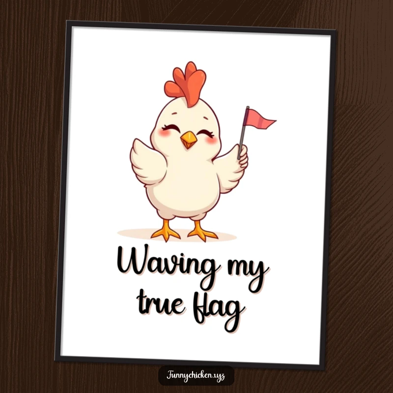 Funny poster art of a chicken winking and waving a small, colorful flag, radiating a warm and playful greeting.
