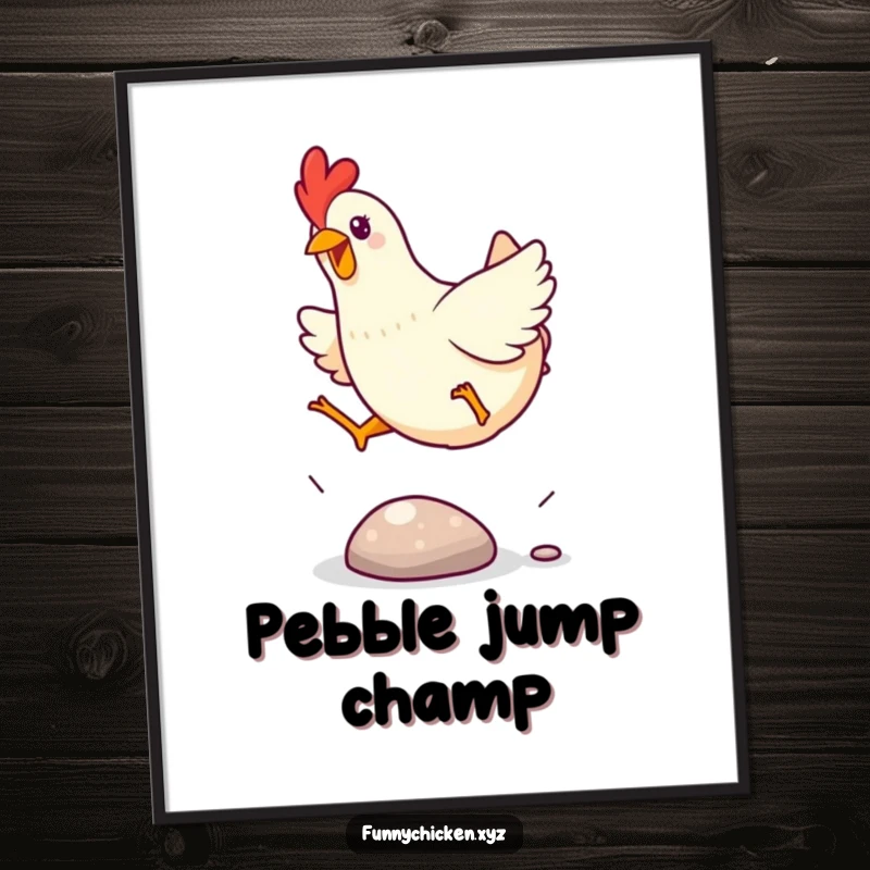 Funny Kawaii chicken poster of a chicken excitedly leaping over a small, shiny pebble, a vibrant and energetic illustration.