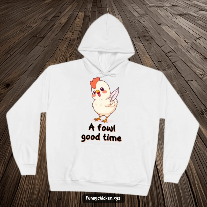 Funny hoodie with a cheerful chicken focused on pecking a single falling feather, a depiction of simple, happy obsession.